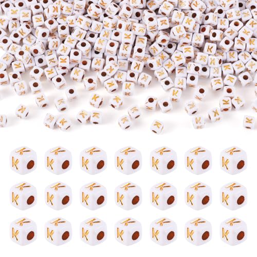FASHEWELRY 500Pcs White Golden Letter Beads 4.5mm Square Alphabet Beads Acrylic Cube Letter K Beads for Friendship Bracelet Necklace Keychains Jewelry Making - color: Letter K