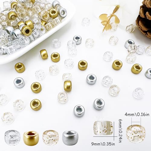 MIIIM 1000PCS 6x9mm Golden and Silver Pony Beads Bulk, 4 Styles Golden Silver and Glitter Kandi Beads for Bracelets Making Kit, Hair Braids Crafts for Jewelry Making (Golden and Silver) - color: Golden and Silver