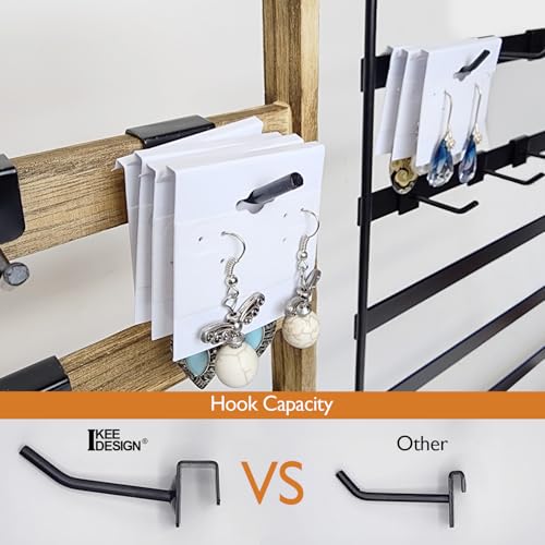 Ikee Design Free Assemble 2 Pcs Set Wooden Jewelry Display Rack with 20 Removable Metal Hooks/Each, Earring Display Holder Stand for Earring,Necklaces,Bracelet, Keychain Stand, Oak Color - color: b) Oak, 2 Pieces