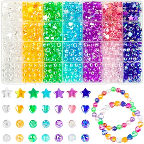 910 PCs Ombre Gradient Beads for Jewelry Making, 4 Shapes Acrylic Hearts Stars Round Pony DIY Craft Charms Bulk Loose Spacer Beads for Bracelets Necklaces Resin Molds Wedding/Party Decor Gift Making - color: AB Colors