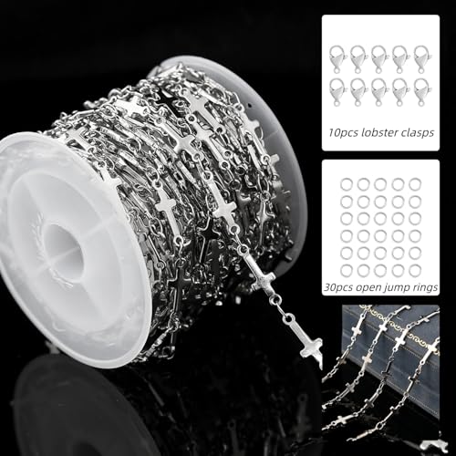 5 Meters Stainless Steel Cross Link Chains in Bulk for DIY Men Women Jewelry Making with Lobster Clasps, Jump Rings (Silver) - color: silver