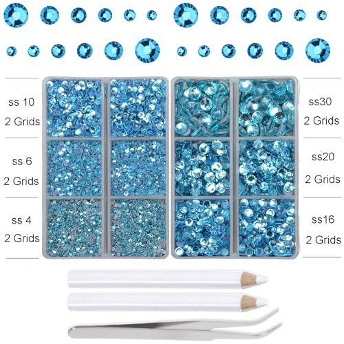 10000Pcs 2-Boxes Mixed Size Hot Fix Round Crystals Gems Glass Stones Hotfix Flat Back Rhinestones with Tweezers and Picking Pencil (Aquamarine) - color: Aquamarine, size: 2-Box (10000pcs)