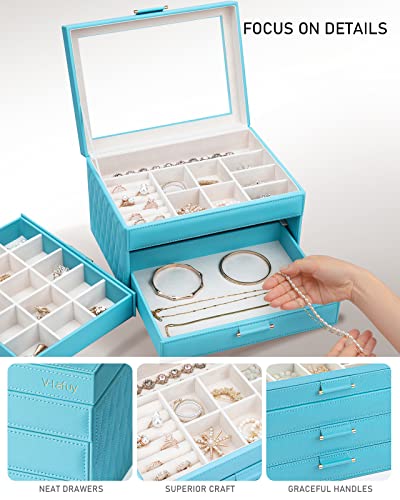 Jewelry Organizer for Women, Jewelry Box with Clear Glass Lid 3-Tier with 2 Drawers, Gift for Women Girl Man on Thanksgiving Day, Christmas, New Year, Valentine's Day - Blue - color: Blue 3-Layer