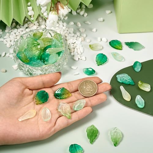 Beadthoven 90pcs Green Leaf Lampwork Glass Beads, Gradient Color Flower Petal Leaves Charms Top Drilled Tiny Leaf Crystal Beads Spacers for Jewelry Making Bracelets Earrings Necklaces DIY Crafts - color: Gradient-9 Styles