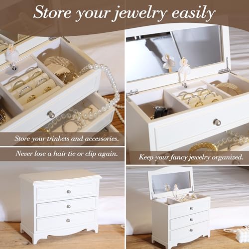 White Ballerina Musical Jewelry Box with Mirror for Girls and Women,Jewelry Storage Box, for Birthday,Valentine's Day and All Holidays,Great Gift for Daughter, Wife