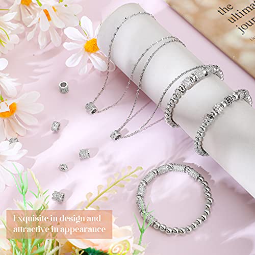 Yinkin 40 Pieces Zircon Rhinestone Beads Tube Column Pave Bead Charms Cubic Zirconia Big Hole Spacer Jewelry Bracelet Connector Crystal for DIY(Silver)