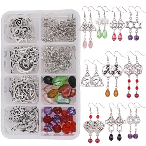 SUNNYCLUE 1 Box DIY 10 Pairs Celtic Knot Dangle Earring Making Kit Celtic Knot Connect Charms Findings Irish Wiccan Flower Star Triangle Heart Love with Beads Earring Hooks Instruction for Beginners - color: Sliver
