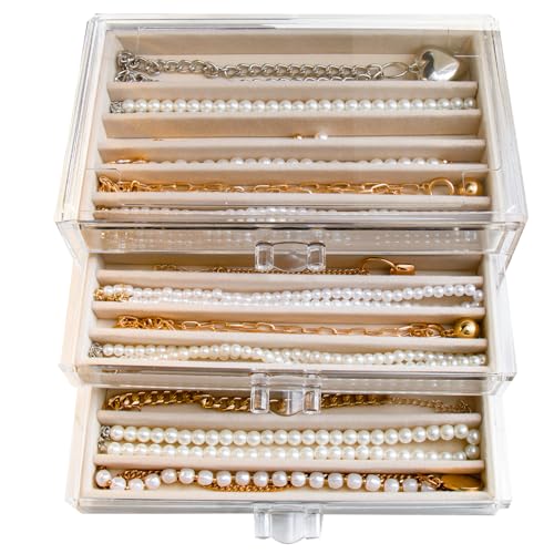 YUFONG Necklace Holder Organizer, Dustproof Necklace Box Velvet Necklace Organizer Box with Lid Clear Acrylic Dustproof Stackable Jewelry Displays for Necklaces Chain Display (Beige, 3 Drawer) - color: Beige, size: 3 Drawer