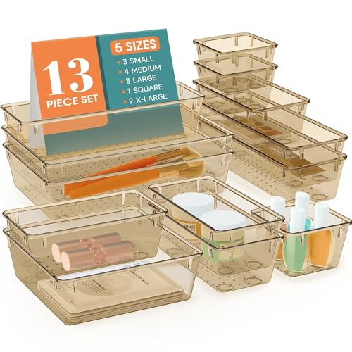 StorMiracle 13 PCS Drawer Organizer Set, 5 Varied Size Bathroom and kitchen Drawer cabinet organizer Trays, Clear Storage Bins for Makeup, Jewelry, Utensils and Gadgets, Champagne - color: Champagne, size: 13 PCS