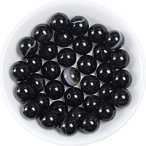 37Pcs Natural Crystal Beads Stone 10mm Black Stripe Onyx Agates Gemstone Round Loose Energy Healing Beads for Bracelet Necklace Earrings Jewelry Making - color: Black, size: 10MM