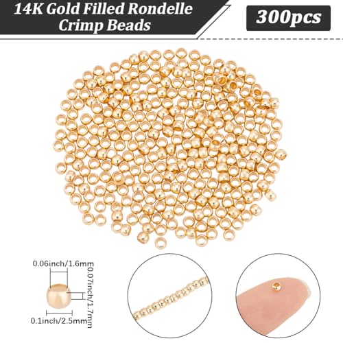 Beebeecraft 300Pcs 2.5mm Round Crimp Beads Real 14K Gold Filled Brass 1.6mm Hole Metal Rondelle Crimp Spacer Beads for Jewelry Making Necklace Bracelets Earring DIY Crafts - size: 2.5mm