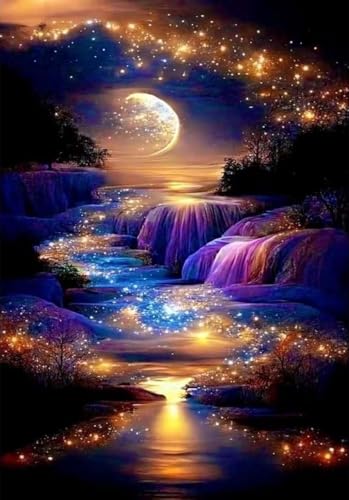 Waterfall Landscape Diamond Art Kits For Adults with Storage Bags,DIY Moonlight Diamond Painting Kits For Adults Beginners, Full Drill Diamond Dots with Diamond,Home Wall Decor Crafts 12x16inch - color: Purple Waterfall Landscape