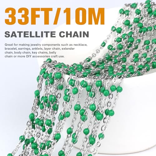 33 Feet Stainless Steel Enamel Chains Bulk, 2mm 304 Stainless Steel Green Enamel Beaded Cable Link Chain Roll Spool for Jewelry Making - color: Stainless Steel Green Beads