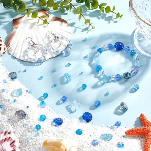 SUNNYCLUE 1 Box About 3000Pcs Blue Ocean Beads Kit Summer Glass Beads Bulk Cute Small Cyan Hawaii Sea Fish Seashell Starfish Spacer Round Seed Beads for Jewelry Making Kits Bracelet Adult Women - style: Ocean 1