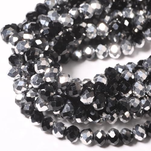 5 Strands 6mm Black Silver Color Half Plated Faceted Rondelle Beads, Songxi Glass Beads for Keychain Making Necklace Earring Jewelry Making for Gemstone DIY Craft Supplies - color: Black Silver Color, size: 6mm(5 Strands)