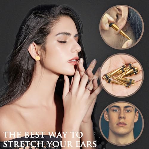 Longbeauty 14G-00G 36pcs Ear Gauges Stretching Kit Surgical Steel Tapers for Ears Gauge Starter Kits Single Flat Top Gauges Plugs for Women Men - color: Gold