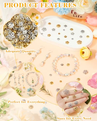 FIVEIZERO 240Pcs Silver Flower Bead Caps for Jewelry Making, 18 Styles Filigree Spacer Caps, Multi-Petal Design, 6mm–16mm for Earrings, Bracelets & Necklaces - color: Silver