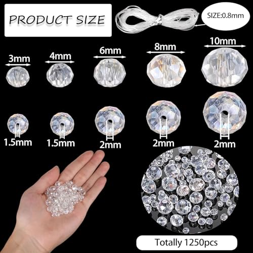 Song Xi 1250PCS AB White Crystal Beads for Jewelry Making, Rondelle Glass Beads for Bracelets Necklace, Earring, Pendants and Making Supplies, Bulk, Arts and Crafts, Sparkling (3/4/6/8/10mm) - color: AB White