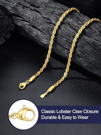 Bandmax Solid 1.5mm/2mm/3mm/6mm Rope Chains for Men Women 14K Gold Plated/Black Plated Stainless Steel Twist Chain 16-30 Inches, with Gift Box - color: 08 3MM Gold Plated