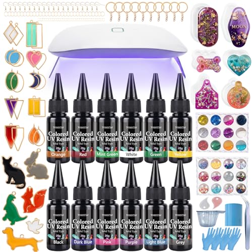 FUHITIM UV Resin Jewelry Making Kit,12 Colors 240g Crystal Resin,Fast Curing Odorless & Colored UV Resin Kit with Light and Molds, DIY Jewelry Making Kit, Resina Starter Kits for Keychain and Earring - color: 12 Colors