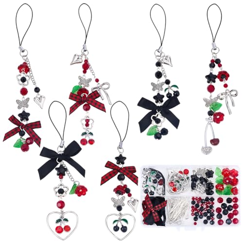 SUNNYCLUE 1 Box DIY 6 Sets Cell Phone Charm Kit Black Cherry Charms Gothic Checkered Bowknot Flowers Red Cherry Fruit Charm Accessories for Jewelry Making Kits Women Starters Cellphones Case Decors
