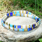 Tila Flat Beaded Bracelet for Women,Bohemian Colorful Stretch Square Glass Bead Elastic Layred Bracelet Stack, Handmade Boho Trendy Holiday Jewelry Accessories Friendship Gift - color: Blue