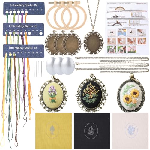 SUNNYCLUE 3 Sets Embroidery Necklace Kit Mini Cross Stitch Kits with Instructions Thread Needle Hoops Spring Flower Themed Embroidery Set for Beginners Jewelry Making Adults Supplies Women Starter - style: Flower 2