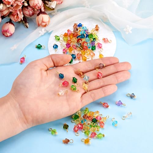 100Pcs Crystal Acrylic Dangle Charms Assorted Transparent Faceted Bicone Charms with Golden Iron Loops Min Small Jewelry Pendants for DIY Earrings Necklaces Bracelet Chain Jewelry Making Crafts
