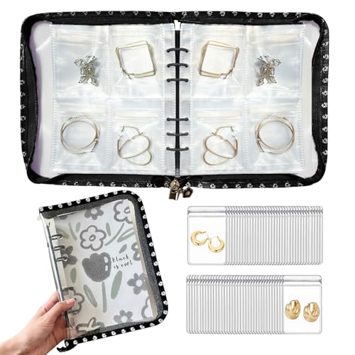 Jewelry Organizer Travel,Jewelry Storage Book with 80 Small PVC pouches,Portable Jewelry Organizer Zipper Bags for Necklaces Bracelet Rings and Earrings (front cover removable),Black - color: Black/80 PVC Small Pouches