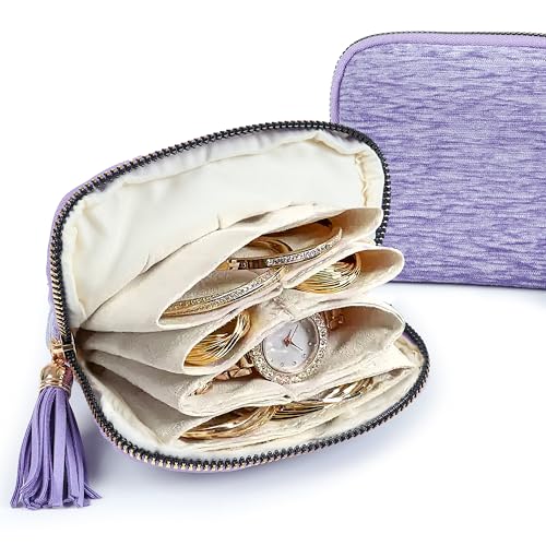 LOTOFUN Jewelry Organizer Case for Travel: 5-Layer Velvet Zipper Pouch Bag for Bangles Link Bracelets Storage Protect from Tangle Scratch (Lavender Purple) - color: Lavender Purple