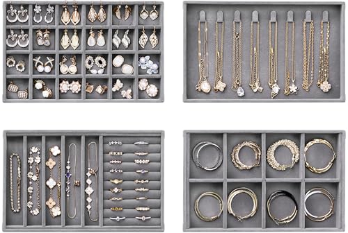 Velvet Jewelry Drawer Organizer Trays – Grey Stackable Jewelry Storage Inserts Set, 4-Layer Jewelry Tray Set for Earrings, Rings, Necklaces, Bracelets with Removable Dividers for Dresser & Vanity - color: Grey, size: Compact (Tablet Size)