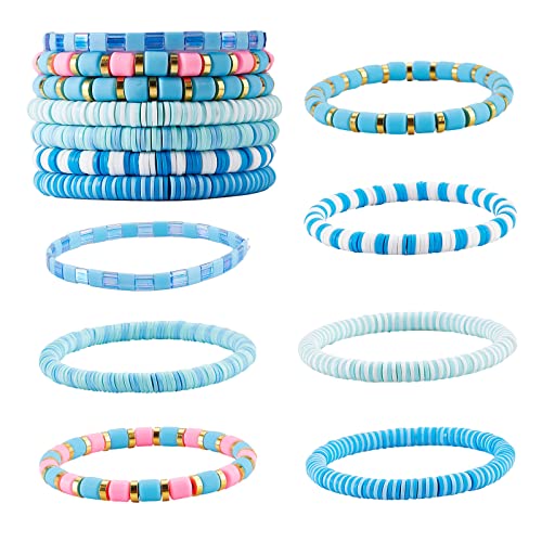 Ornaland 7Pcs Handmade Polymer Clay Heishi Surfer Stretch Bracelets Set Colorful Glass Beads Bracelets Boho Stackable Preppy Bracelets Wrist Jewelry for Women - color: light blue