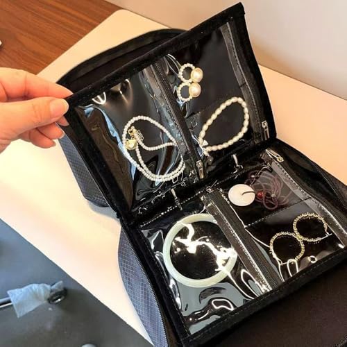 GSXRB Travel Jewelry Organizer Case with Clear Zipper Pouches,3pcs Velvet Jewelry Storage Book Binder, Multi-Layer Inner Pages for Earrings/Rings/Necklace/Bracelet, Compact & Waterproof(Black lining) - color: Black lining