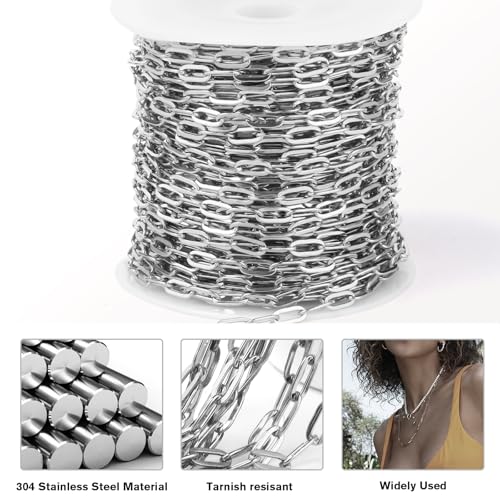 [33 Ft] Stainless Steel Paperclip Chains Roll, 3.3 * 7mm Width 304 Stainless Steel Oval Link Chains Spool Bulk for Jewelry Making - color: 3.3*7mm Width