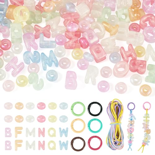 Cheriswelry Acrylic Beads Kit for Bracelet Keychain Letter A-Z Beads Glow in the Dark Rondelle Loose Spacer Bead with Spring O Rings Polyester Cord 18-19mm for DIY Necklace European Jewelry Making - color: Mixed Color*4