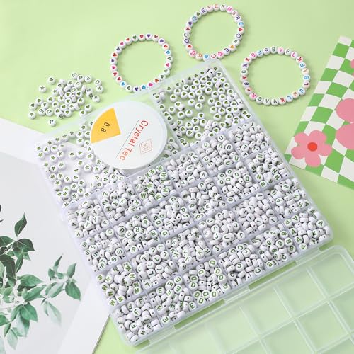 Acrylic Letter Beads 4mm Flat Round, 6mm Square - Beads for Making Friendship Bracelet or Necklace (26 Pieces of Flat Round White with Green) - color: 26 pieces of flat round white with green