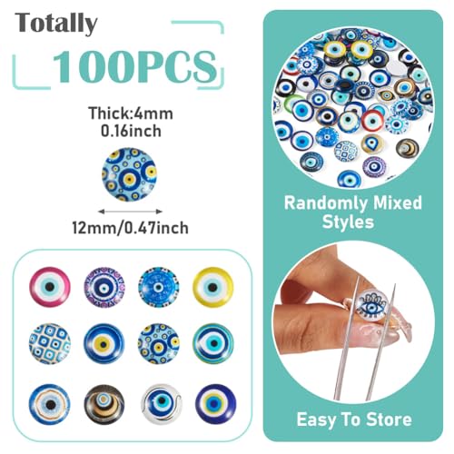 100Pcs/Set Flat Round Transparent Glass Cabochons with Pattern Eye Flatback Glass Dome Flatback Cab Beads for Photo Cameo Jewelry Making Necklace Ring DIY Crafts 12x4mm Mixed Eye - color: 100Pcs-12x4mm-Mixed Eye