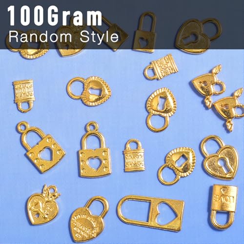 stino 100 Gram Metal Charms for Jewelry Making, Silver & Gold Plated, Bulk Pack for Bracelets, Necklaces, Crafts - color: Heart Lock Gold