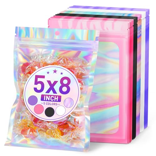 ANZNKU 50 Pcs Holographic Mylar Bags Mixed Color, 5x8 Inch Resealable Mylar Bag for Food Storage, Small Business Packaging Bags for Jewelry & Candy, Smell Proof Bag for Easter Party favor - color: Multicolor Holographic, size: 5x8 Inch