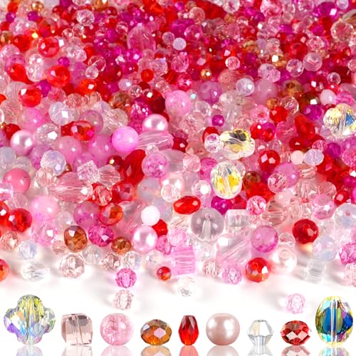 636pcs Glass Beads for Jewelry Making - Pink Red Valentine's Day Craft Crystal Beads with Loose Beads Sparkly Faceted Beads Hole Drilled DIY for Bracelets Craft Earrings Necklace Jewelry Making - color: Red, size: 636pcs