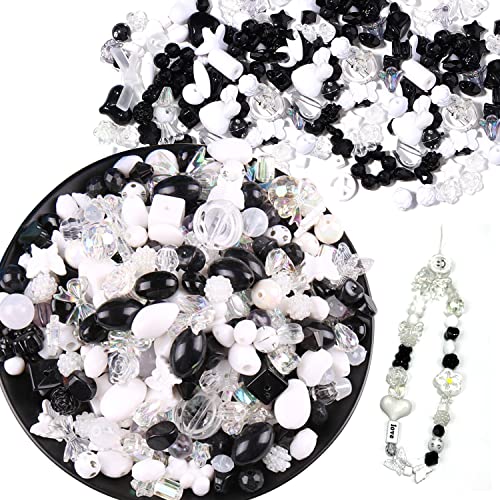 150g(170~230pcs) Aesthetic Acrylic Assorted Beads Cute Beads for Jewelry Making Kawaii Flower Heart Star Butterfly Bow Round Beads Bulk for Bracelets Making Necklaces DIY Crafts (Black and White) - color: 150g-Black White