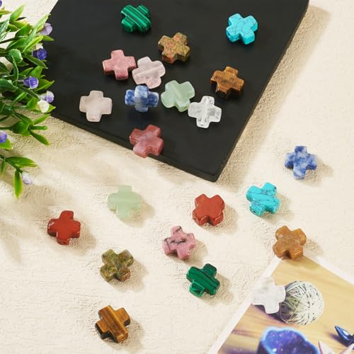 22 Pcs Natural Gemstone Cross Beads 12.5-13mm Cross Crucifix Beads Mixed Turquoise Bead Crystal Crucifix Charms for Easter Holiday Eid Mubarak Ramadan Jewelry Making - color: 11 Colors-Mix Stones