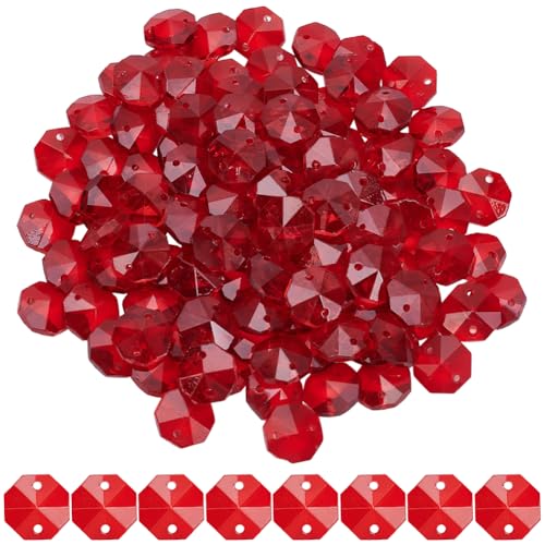 1 Box 120Pcs 14mm Crystal Glass Octagon Beads 2 Hole Crystal Prism Beads Red Glitter Chandelier Replacement Connector Suncatcher Faceted Spacers for DIY Lamp Hanging Ornament Pendant Adults - color: Red