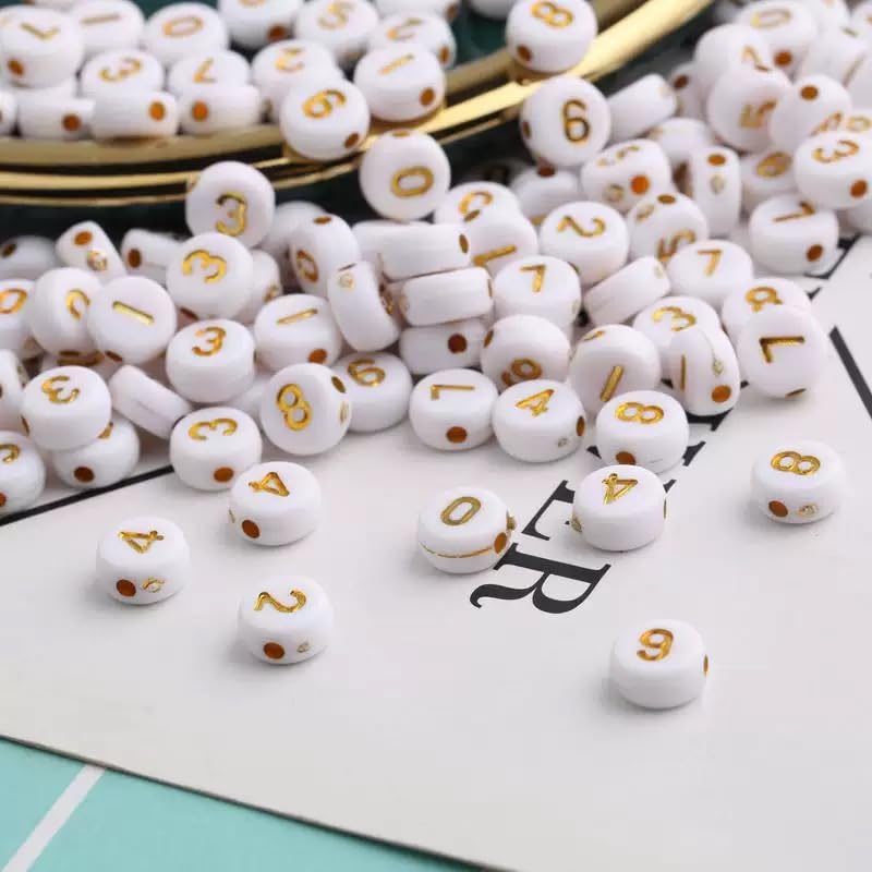 1000Pcs Acrylic Number Beads Round Number Round Beads 4x7mm Mixed Number Beads, for Jewelry Bracelets Necklaces Key Chains Making (White-Gold) - color: White-Gold