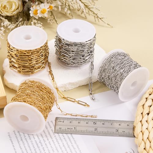 SMYHTGLIF 5 Meters Silver Soldered Peanut Chain for Jewelry Making Stainless Steel Bulk Chain Roll with Lobster Clasps and Jump Rings - color: Silver