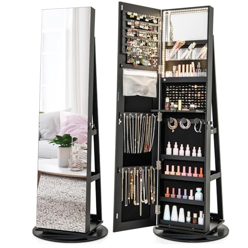 COSTWAY 360° Rotating Mirror Jewelry Armoire, Freestanding Jewelry Organizer w/ 3-Color LED Lights, Full-length Mirror with Jewelry Storage, Lockable Jewelry Cabinet for Bedroom, Cloakroom (Black) - color: Black