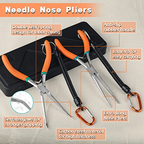2 PCS Extra Long Bent & Straight Needle Nose Pliers Set for Jewelry Making & Fishing Hook Removal with Serrated Jaw & Lanyard - style: Extra Long Nose & Bent Nose