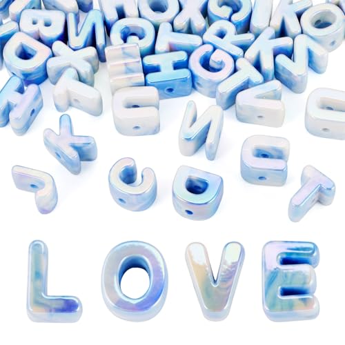 FASHEWELRY 40Pcs Letter Acrylic Beads Random Large Hole Alphabet 3D Letters Iridescent Chunky Initial Big Plastic Letter Beads for Keychains Necklace DIY Arts Craft Projects Cornflower Blue - color: Cornflower Blue, size: Random Letters
