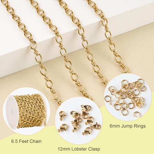 SMYHTGLIF 6.5 Feet Gold Stainless Steel Rolo Chain Bulk for Jewelry Making Oval Circle Chain Spool with Jewelry Making Supplies Findings - color: Cable Gold