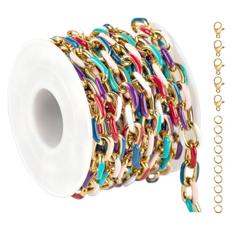 UMAOKANG 2 Meters Gold Plated Chains for Jewelry Making Stainless Steel Jewelry Chain Roll Multicolored Enamel Paperclip Necklace Chains Bulk Jewelry Supplies - color: Multicolored